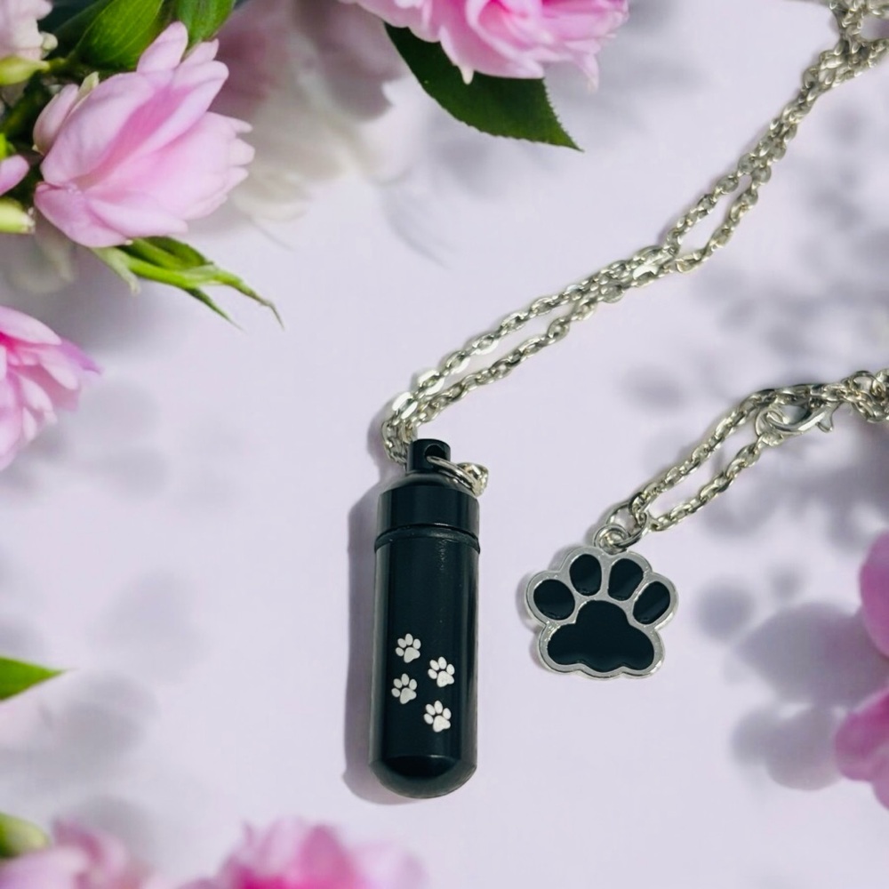 Paw Print Black and Silver pet urn Pendant Necklace. New, no tags